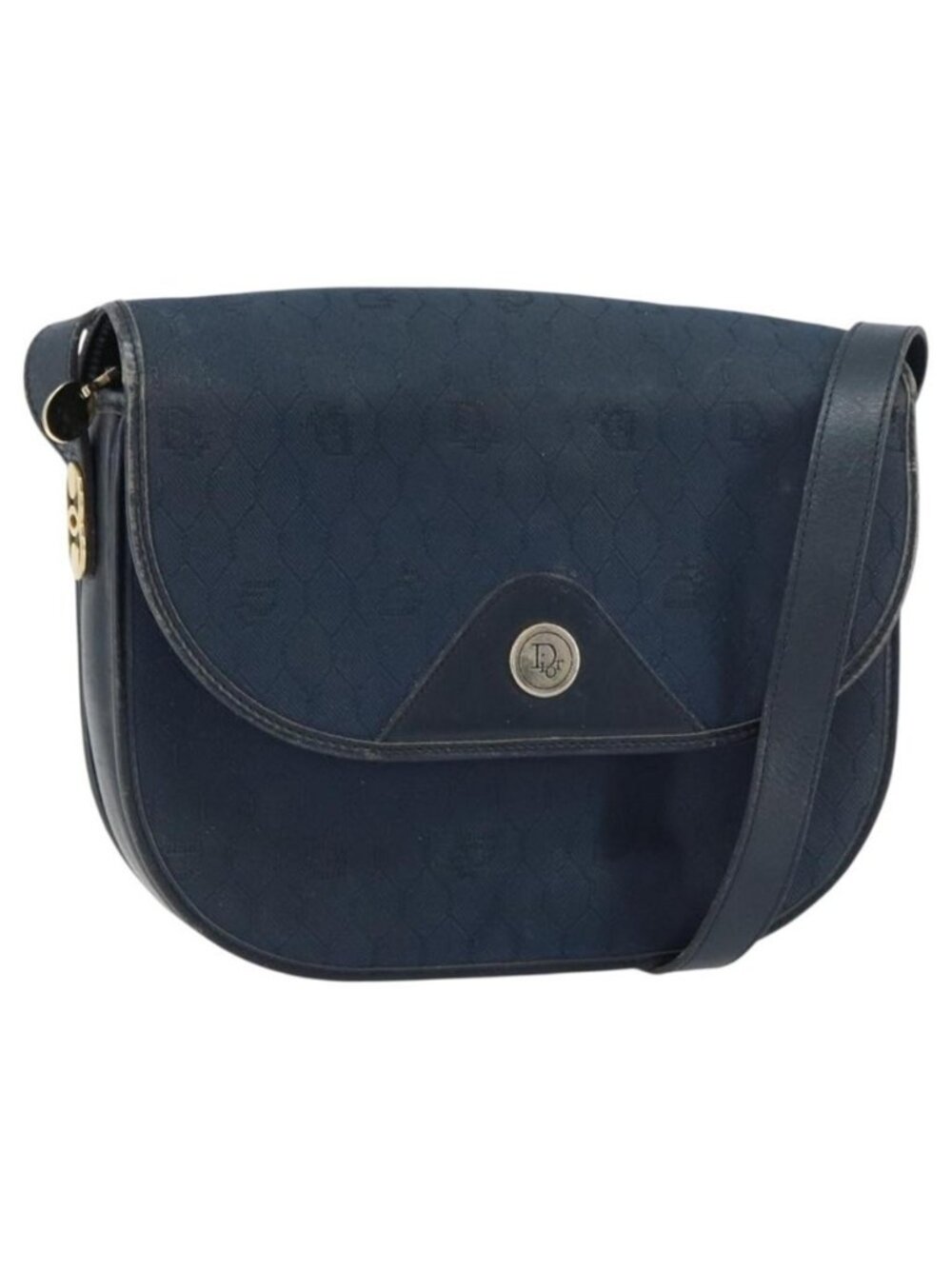 Authentic Christian Dior Honeycomb Canvas Shoulder Bag Navy Gold